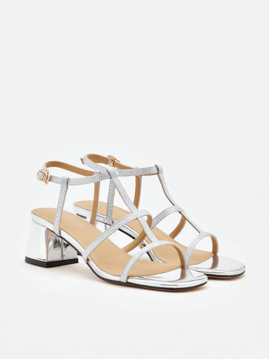 PAZZION, Rumi Crystal Embellished Strappy Sandal Heels, Silver