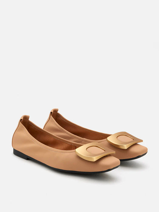 PAZZION, Sage Brass Gold Buckled Flats, Almond