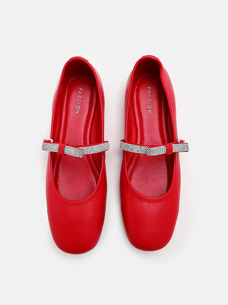 PAZZION, Sandy Bow Embellished Leather Ballet Flats, Red