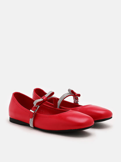 PAZZION, Sandy Bow Embellished Leather Ballet Flats, Red