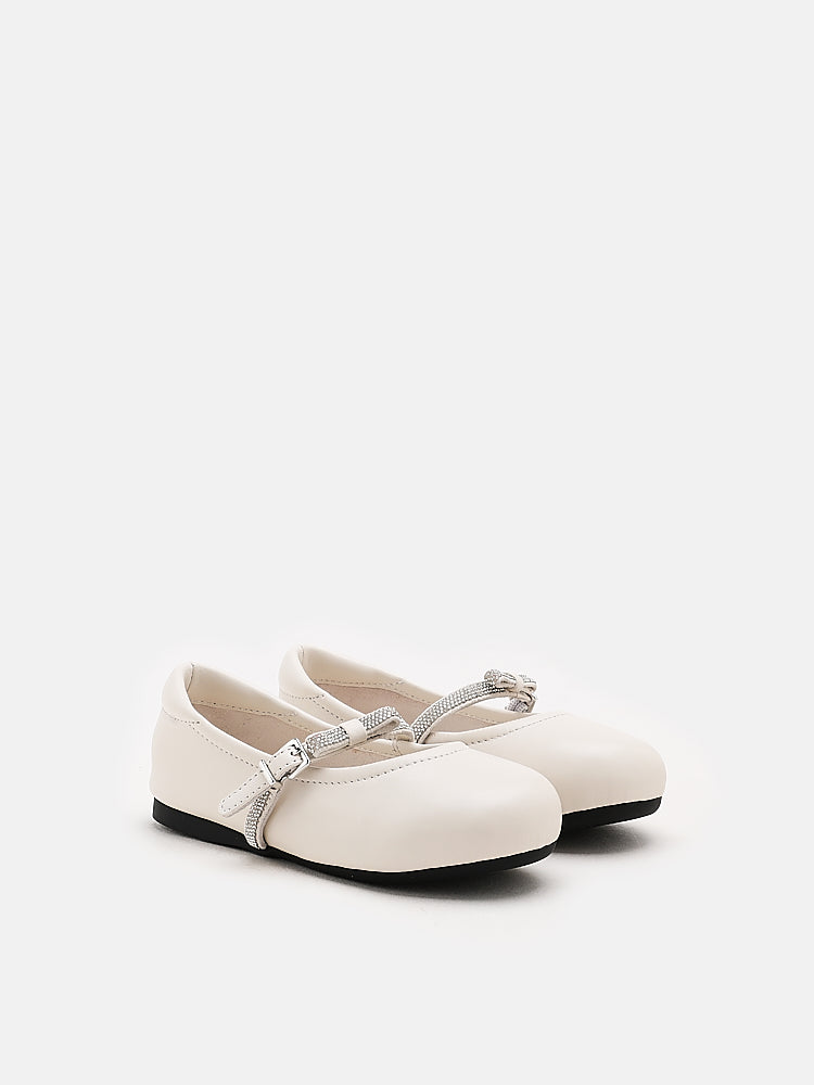 PAZZION, Sandy Junior Bow Embellished Leather Ballet Flats, Beige