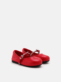 PAZZION, Sandy Junior Bow Embellished Leather Ballet Flats, Red