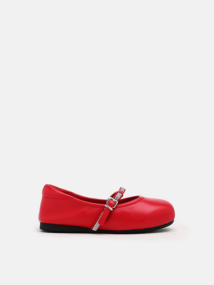 PAZZION, Sandy Junior Bow Embellished Leather Ballet Flats, Red