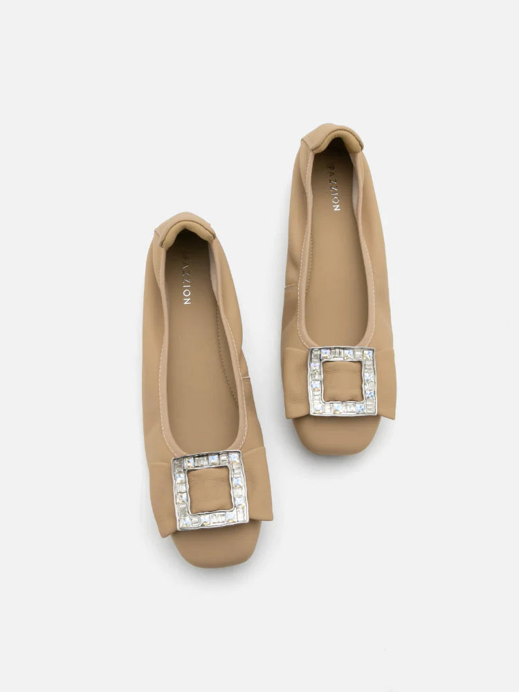 PAZZION, Selma Buckle Round-Toe Flats, Almond