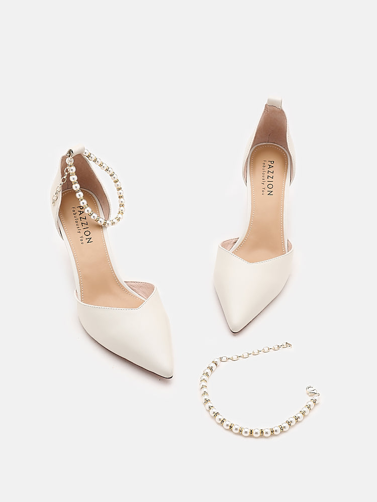 PAZZION, Seraphina Pearl Strap Point-Toe Heels, Beige