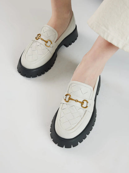 PAZZION, Serivelle Woven Buckle Leather Platform Loafers, Beige