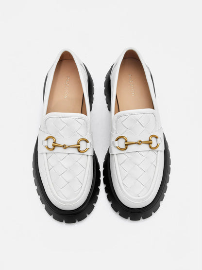 PAZZION, Serivelle Woven Buckle Leather Platform Loafers, Beige