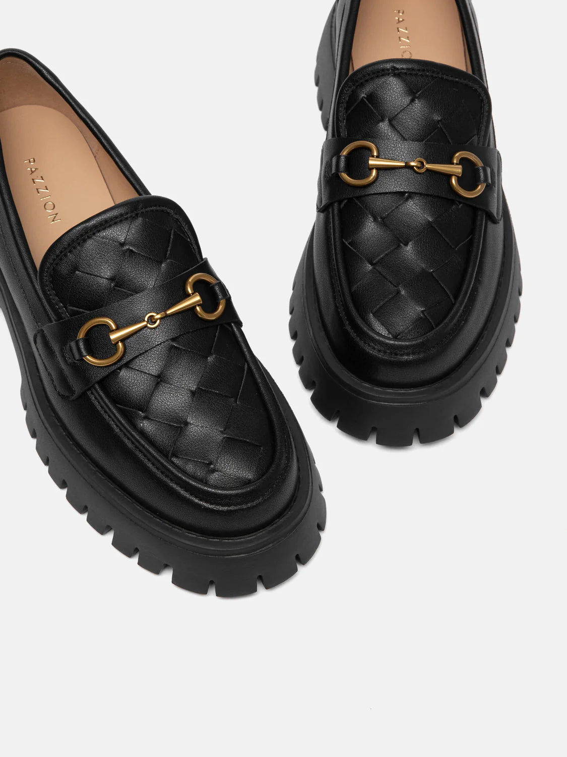 PAZZION, Serivelle Woven Buckle Leather Platform Loafers, Black