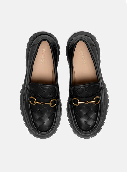 PAZZION, Serivelle Woven Buckle Leather Platform Loafers, Black