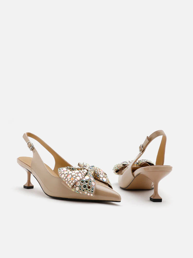 PAZZION, Sienna Sequinned Ribbon Slingback Pumps, Almond