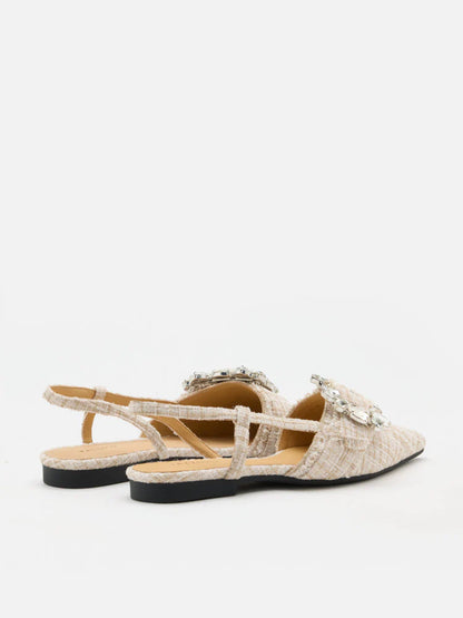 PAZZION, Sofie Tweed Diamante Buckle Slingback Flats, Almond