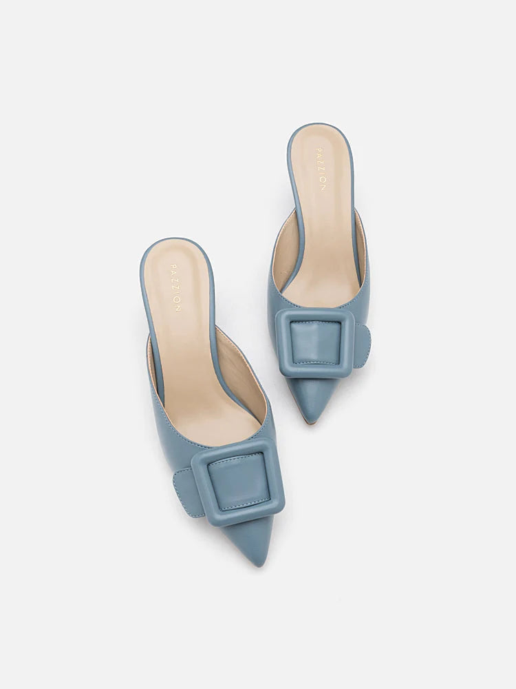 PAZZION, Solada Pointed Buckle Mule Heels, Blue