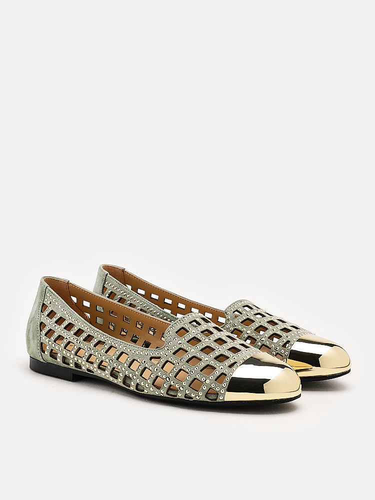 PAZZION, Starling Metal Toe Studs Embellished Flats, Green