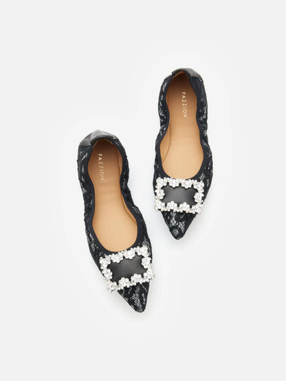 PAZZION, Stella Lace Diamante Buckle Foldable Flats, Pewter