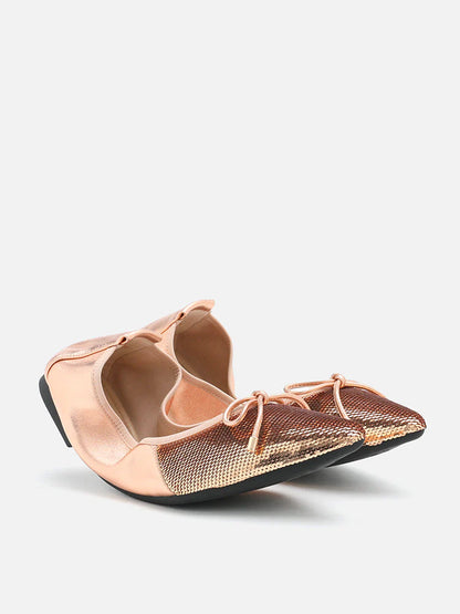 PAZZION, Stella Sequin Dï¿½cor Foldable Point-Toe Bow Flats, Champagne