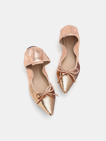 PAZZION, Stella Sequin Dï¿½cor Foldable Point-Toe Bow Flats, Champagne