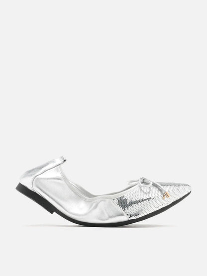 PAZZION, Stella Sequin Dï¿½cor Foldable Point-Toe Bow Flats, Silver