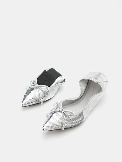 PAZZION, Stella Sequin Dï¿½cor Foldable Point-Toe Bow Flats, Silver