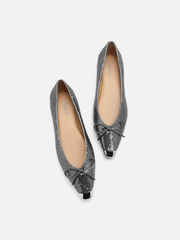 PAZZION, Stella Sequin Dï¿½cor Metal-Toe Bow Flats, Pewter