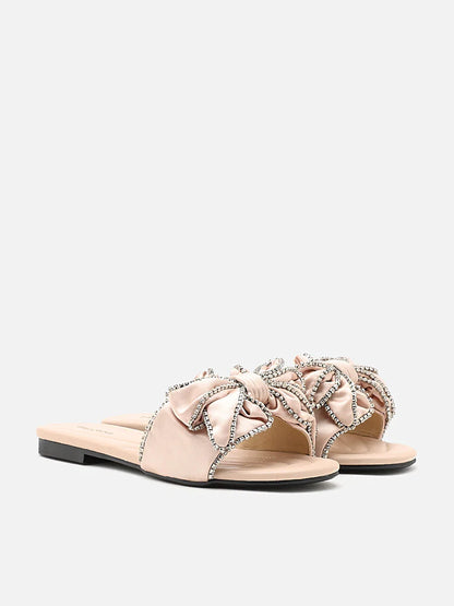 PAZZION, Suchin Crystal Embellished Bow Silk Slides, Almond