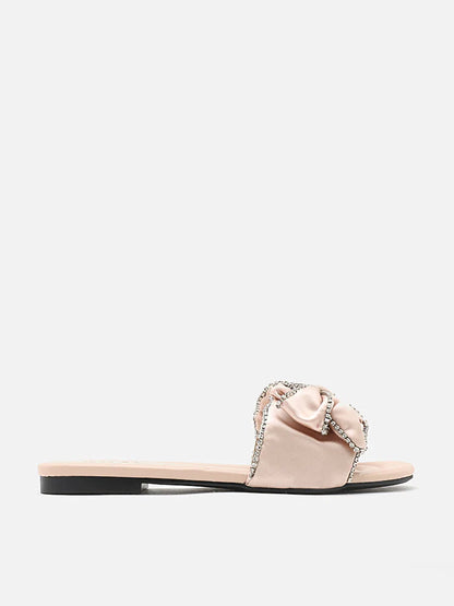 PAZZION, Suchin Crystal Embellished Bow Silk Slides, Almond