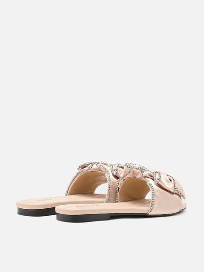 PAZZION, Suchin Crystal Embellished Bow Silk Slides, Almond