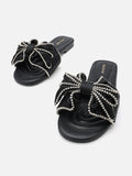 PAZZION, Suchin Crystal Embellished Bow Silk Slides, Black
