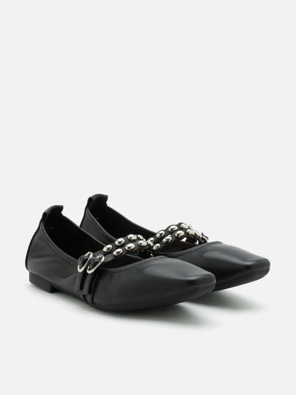 PAZZION, Sydney Studded Double Strap Flats, Black