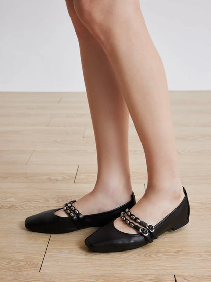 PAZZION, Sydney Studded Double Strap Flats, Black