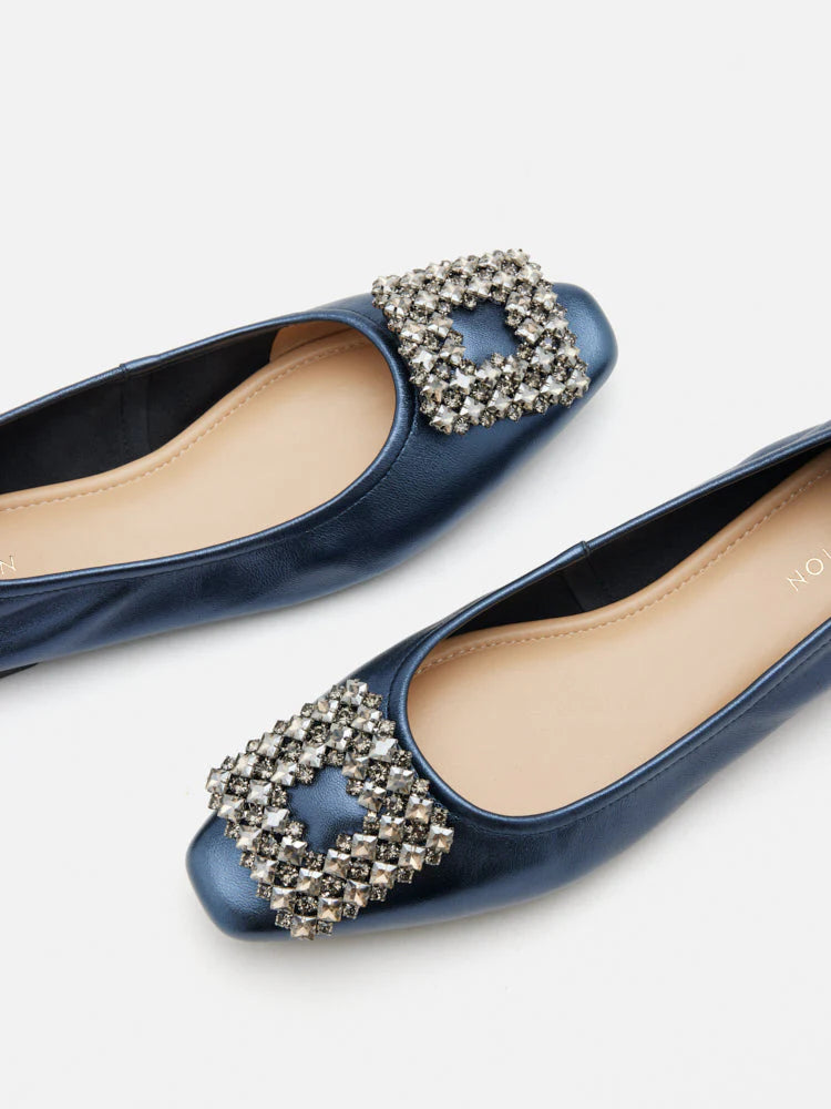 PAZZION, Tanya Embellished Buckle Flats, Darkblue