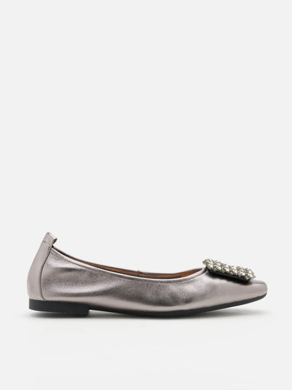 PAZZION, Tanya Embellished Buckle Flats, Pewter