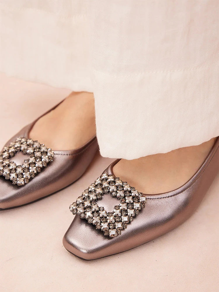 PAZZION, Tanya Embellished Buckle Flats, Pewter