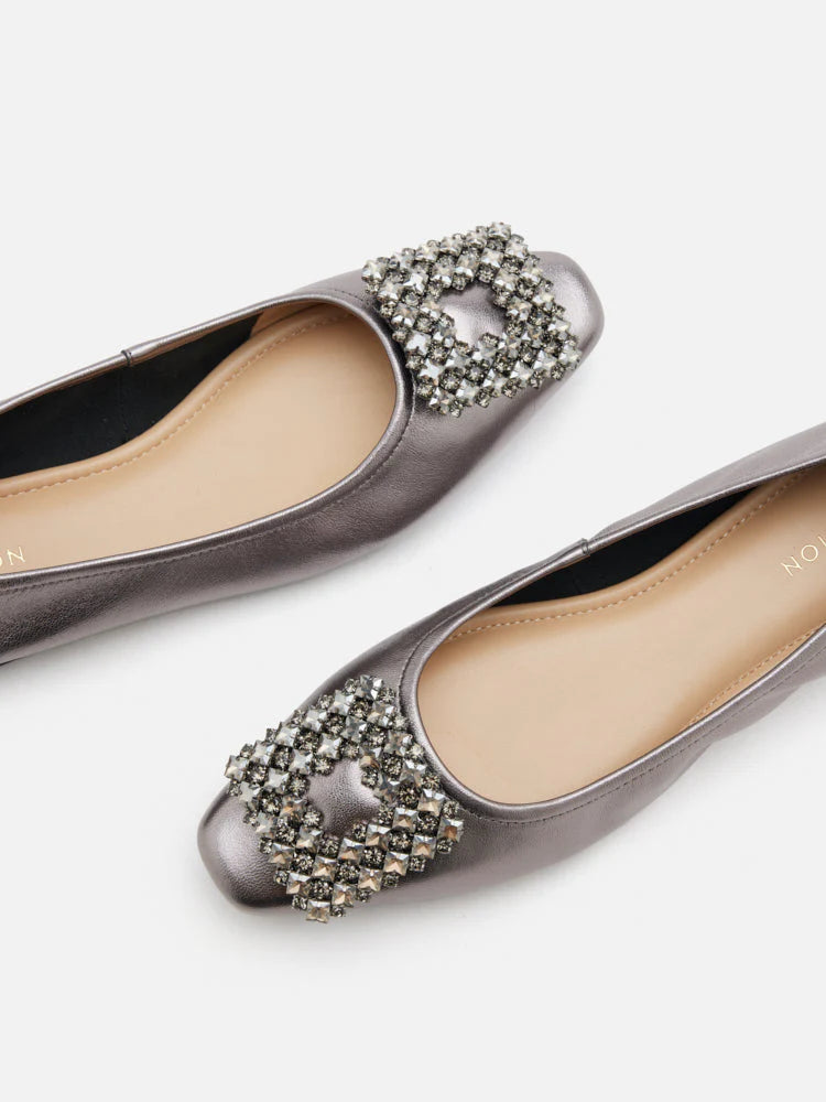 PAZZION, Tanya Embellished Buckle Flats, Pewter