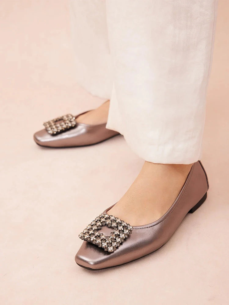 PAZZION, Tanya Embellished Buckle Flats, Pewter