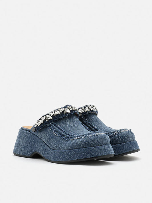 PAZZION, Tara Diamante Denim Platform Mules, Blue