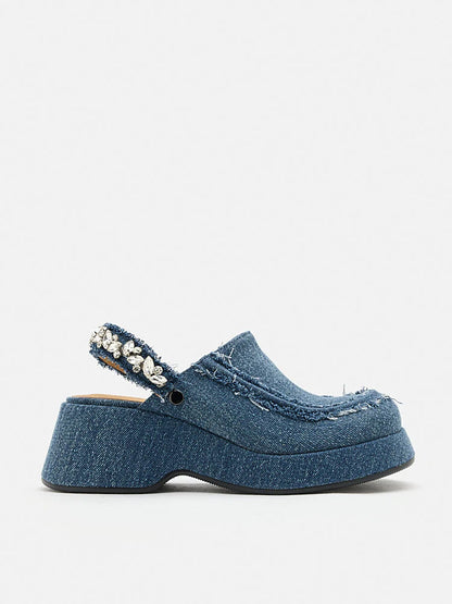 PAZZION, Tara Diamante Denim Platform Mules, Blue