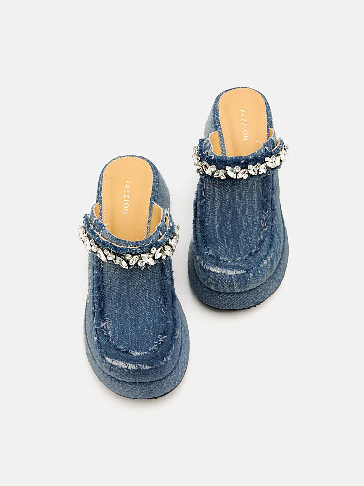 PAZZION, Tara Diamante Denim Platform Mules, Blue