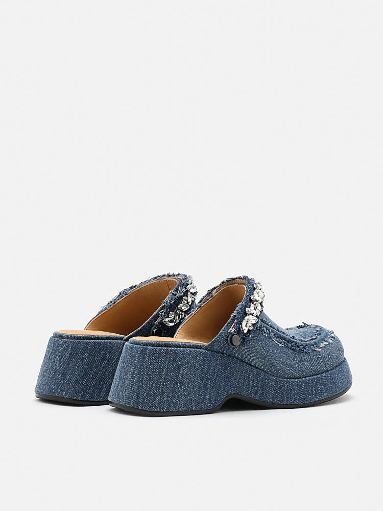 PAZZION, Tara Diamante Denim Platform Mules, Blue