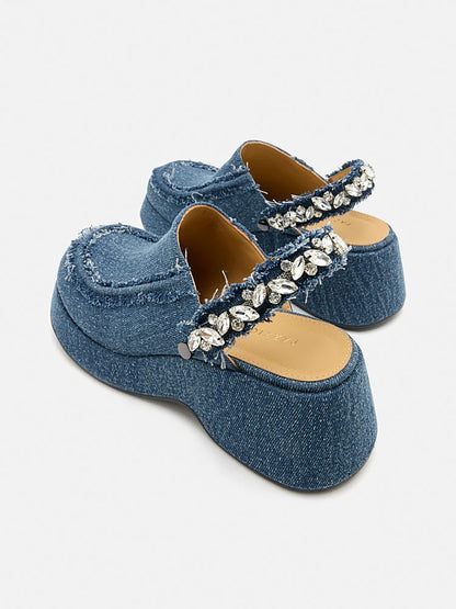 PAZZION, Tara Diamante Denim Platform Mules, Blue