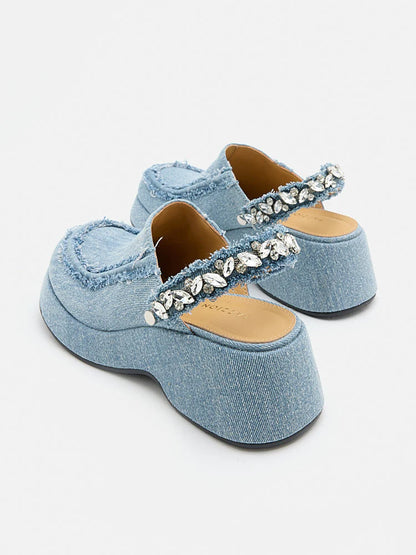 PAZZION, Tara Diamante Denim Platform Mules, Lightblue