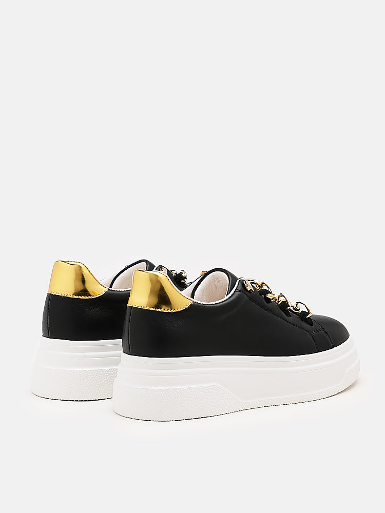 PAZZION, Tia Gold Chain Laced Sneakers, Black