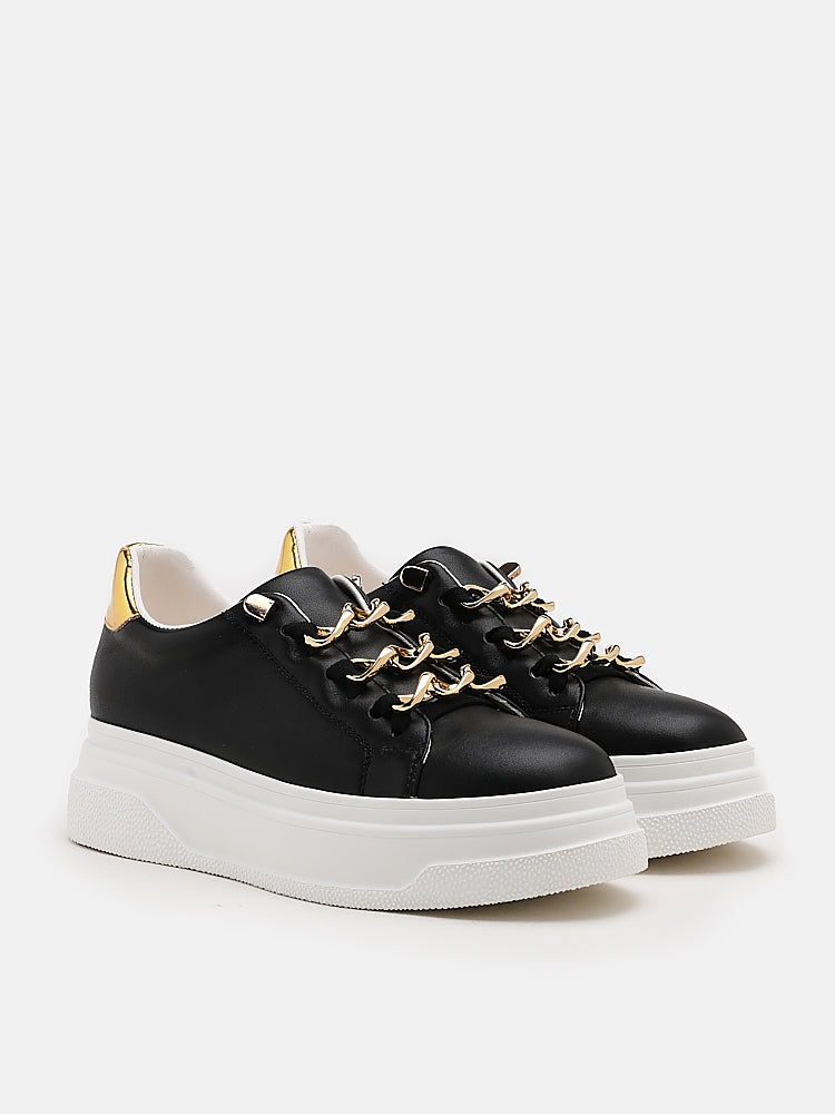 PAZZION, Tia Gold Chain Laced Sneakers, Black