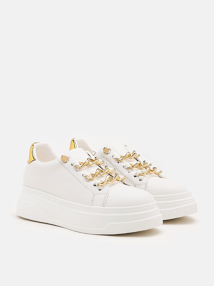 PAZZION, Tia Gold Chain Laced Sneakers, White