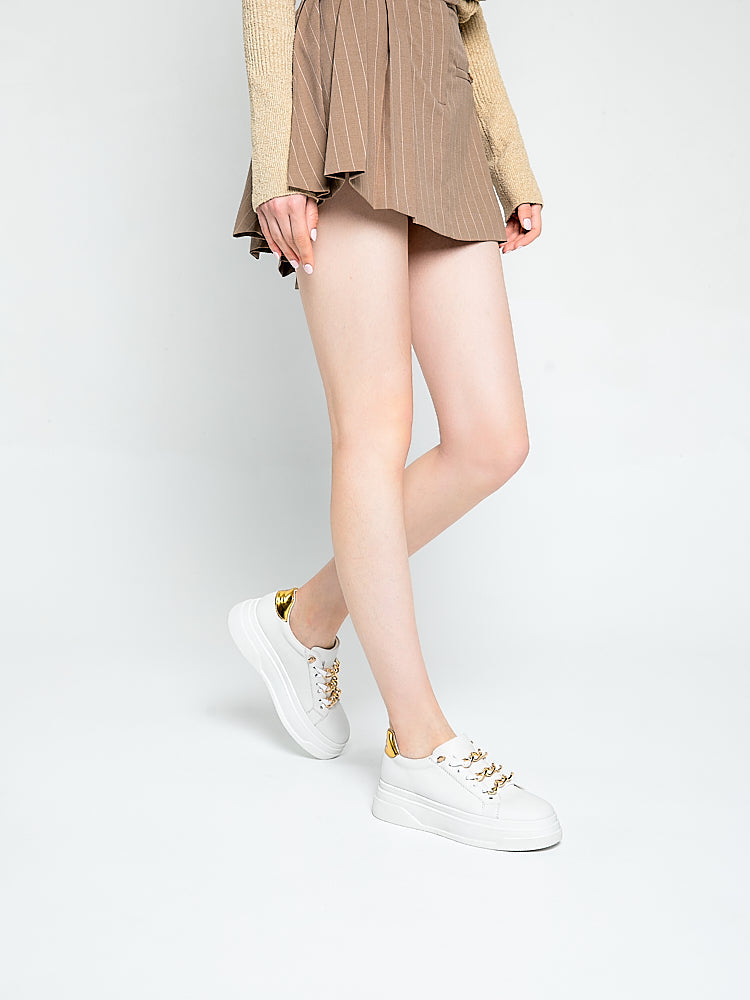 PAZZION, Tia Gold Chain Laced Sneakers, White