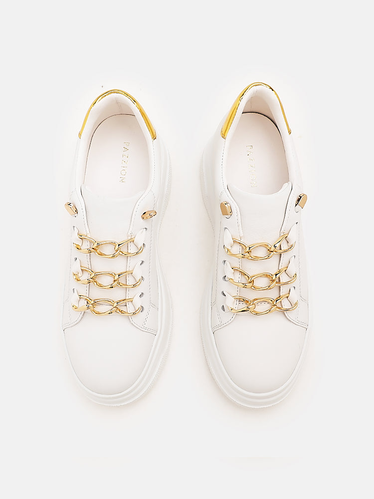 PAZZION, Tia Gold Chain Laced Sneakers, White