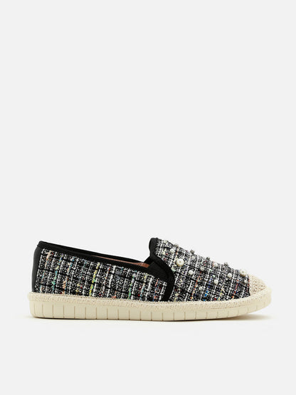 PAZZION, Tinsley Pearl Glittering Tweed Espadrilles, Black