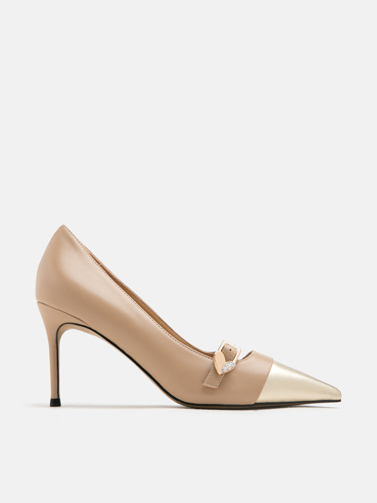 PAZZION, Trix Gold Embellished Toe Cap Heels, Almond