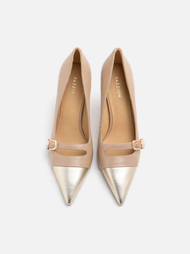 PAZZION, Trix Gold Embellished Toe Cap Heels, Almond