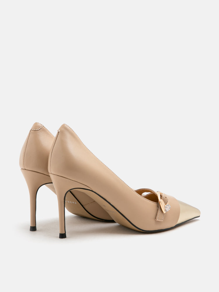 PAZZION, Trix Gold Embellished Toe Cap Heels, Almond