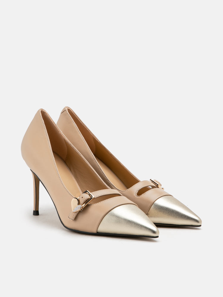 PAZZION, Trix Gold Embellished Toe Cap Heels, Almond